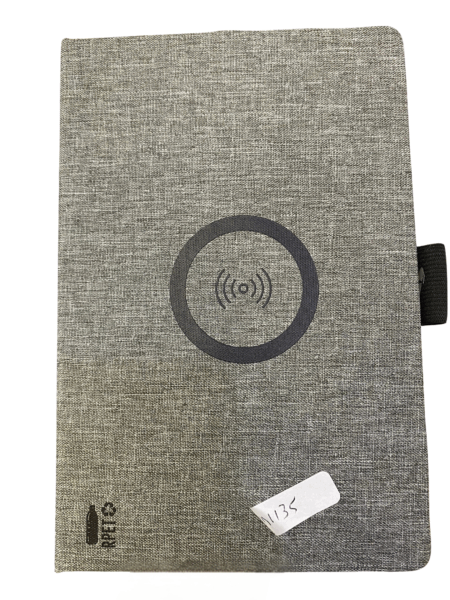 Grey compendium with RPET label and charging circle