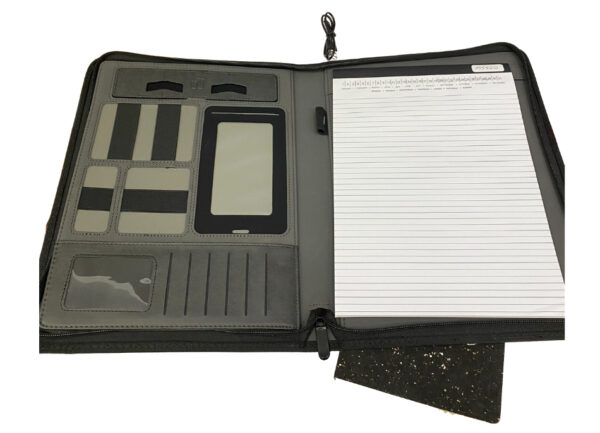 Compendium with compartments for cards and pens