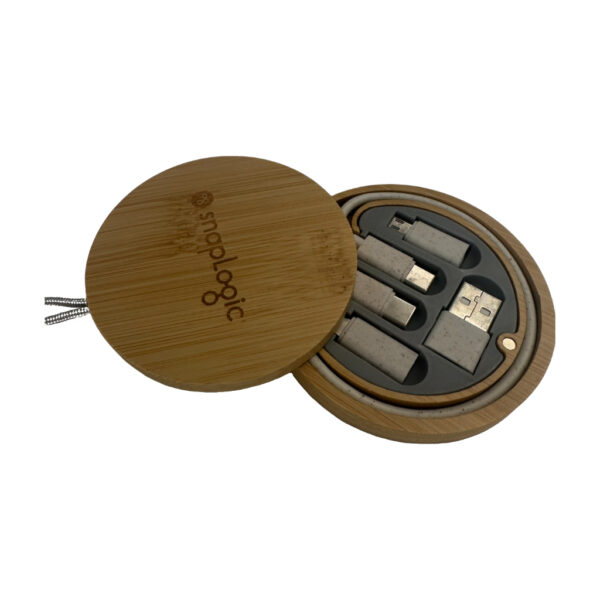 USB cords in a round bamboo packaging