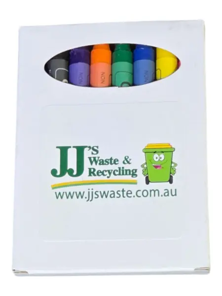 crayons with JJ's waste & recycling logo in a white box