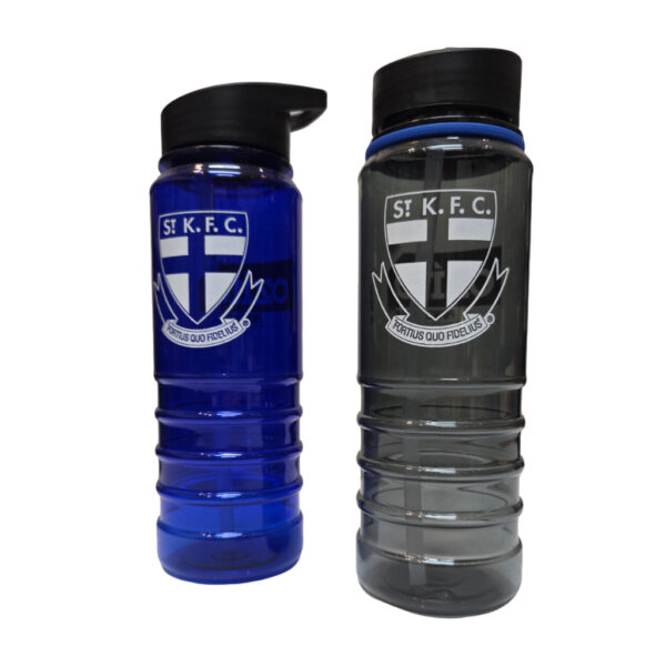 blue and black water bottles with logo printed in white