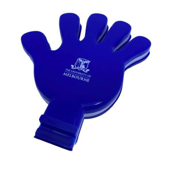 blue hand clapper printed with University of Melbourne logo