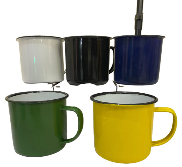 Five enamel mugs in various colors