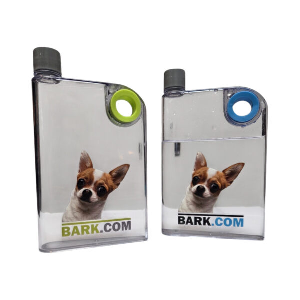 Two clear water bottles with dog images