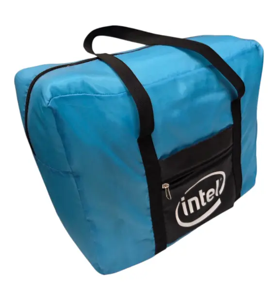 Blue sports duffle bag with intel logo and black handle