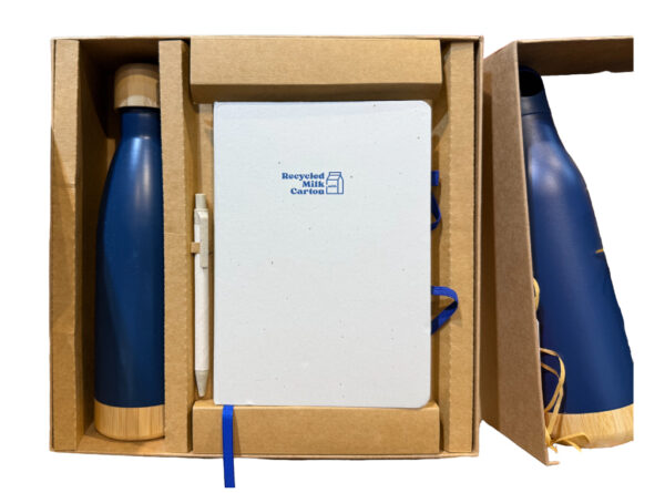 Set of bottle, recycled notebook and pen