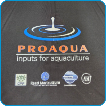 PROAQUA logo with inputs for aquaculture and partner logos on a black background.
