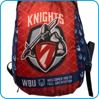 Red and blue Knights backpack with a sword and shield logo and WBU Fall Orientation text.