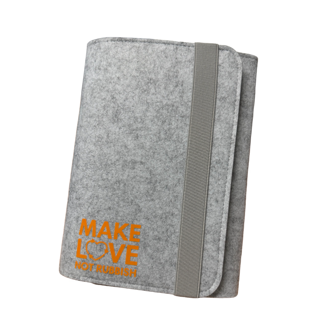 Grey compendium with orange print