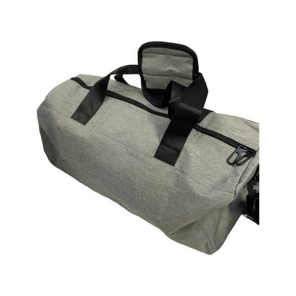 grey duffle bag with black handles
