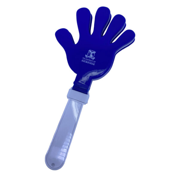 blue hand clapper with white handle and a white University of Melbourne logo