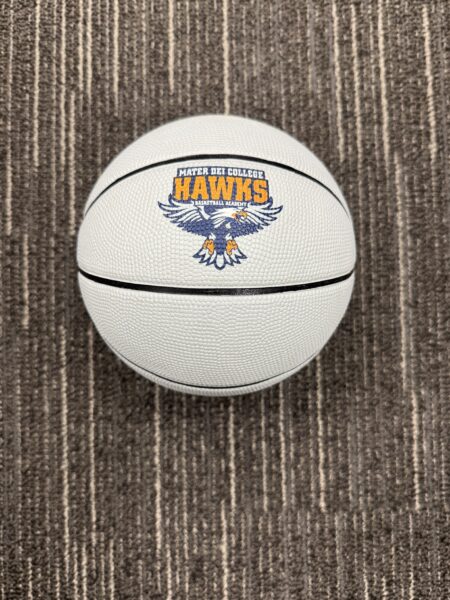 White basketball with the Mater Dei College Hawks Logo and a picture of a Hawk