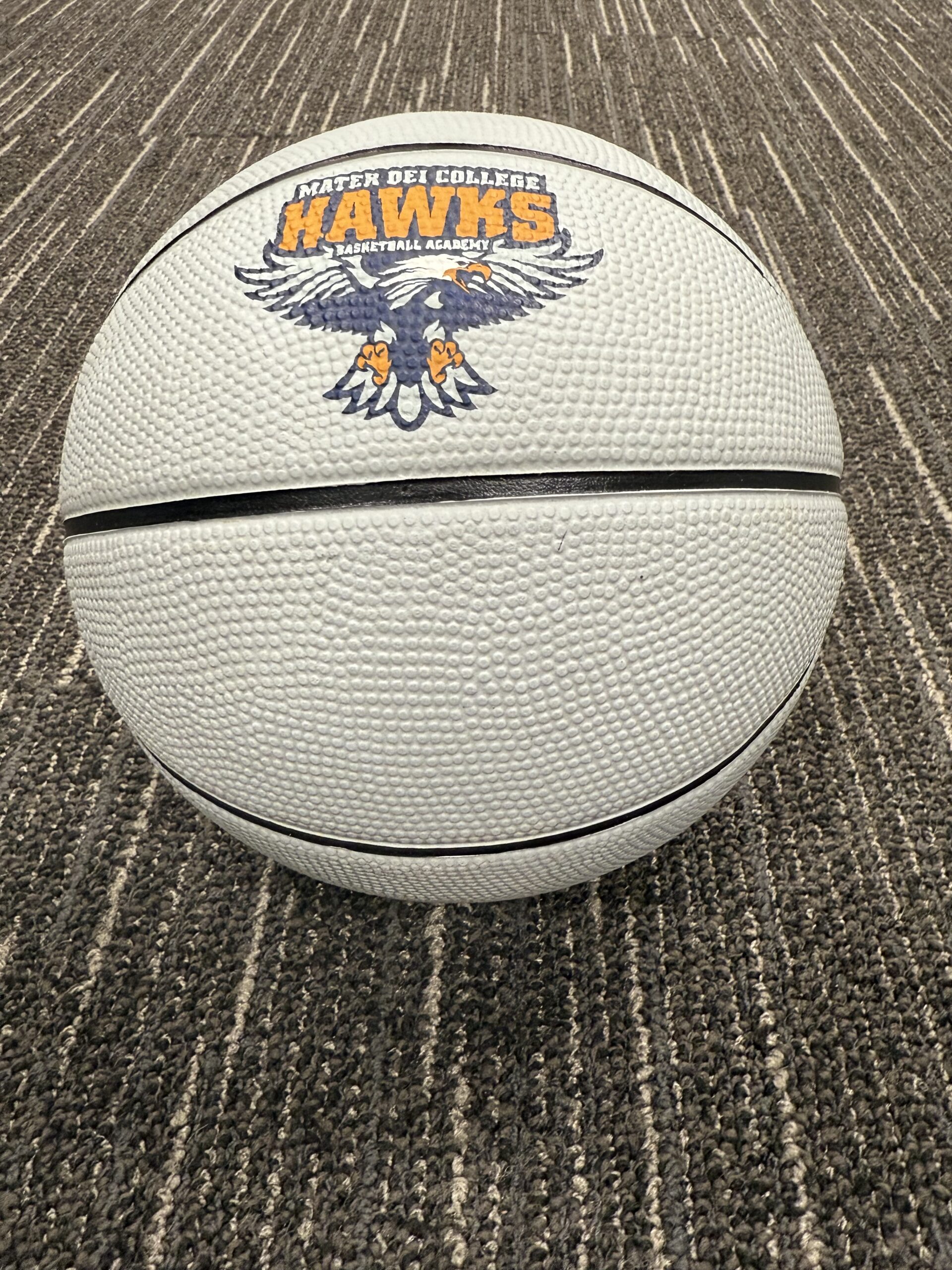 White basketball with the Mater Dei College Hawks Logo and a picture of a Hawk