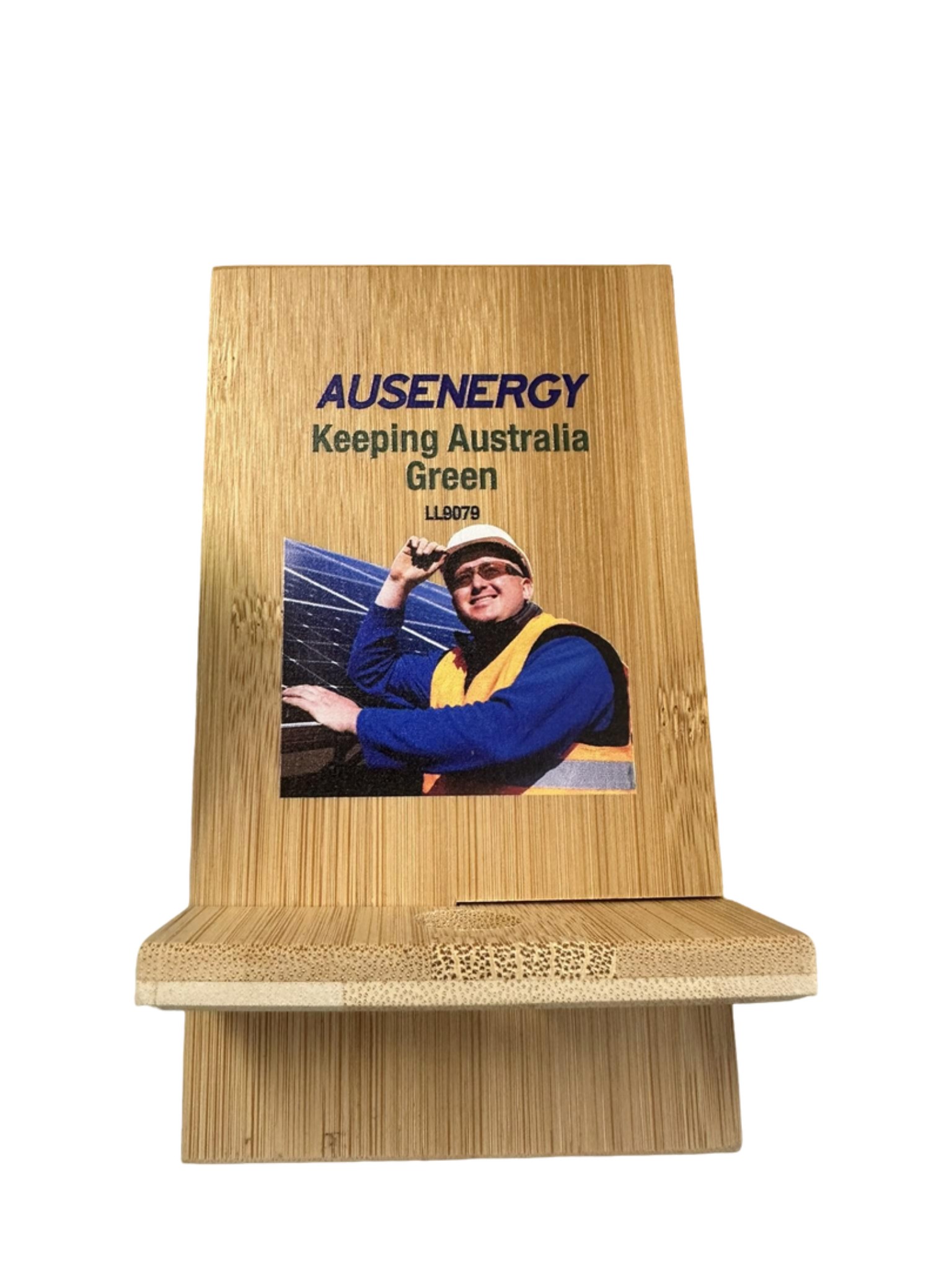 Wooden phone stand featuring AUSENERGYs green mission and Sedex Number for ethical business practices.