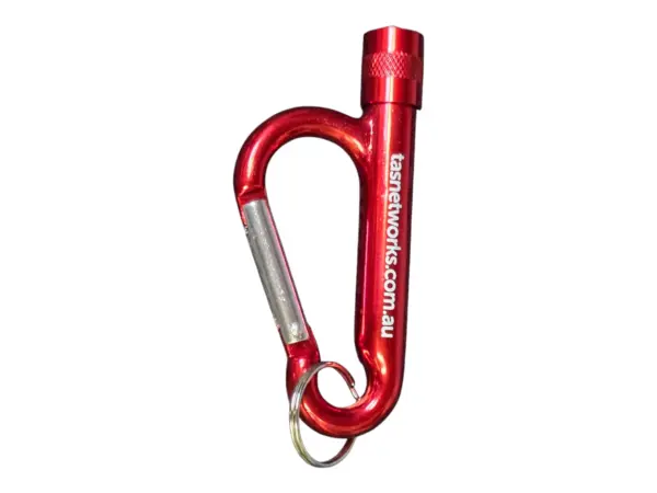 Red carabiner with key ring printed with TasNetworks website address
