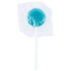 Blue lollipop in clear plastic wrapper on a white background.