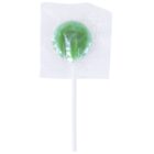 A green lollipop in a clear plastic wrapper with a white stick.