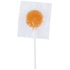 Orange lollipop in clear plastic wrapper with a white stick on a plain background.