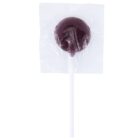 A purple lollipop in a clear plastic wrapper on a white background.