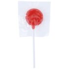 A red lollipop in a clear plastic wrapper with a white stick.