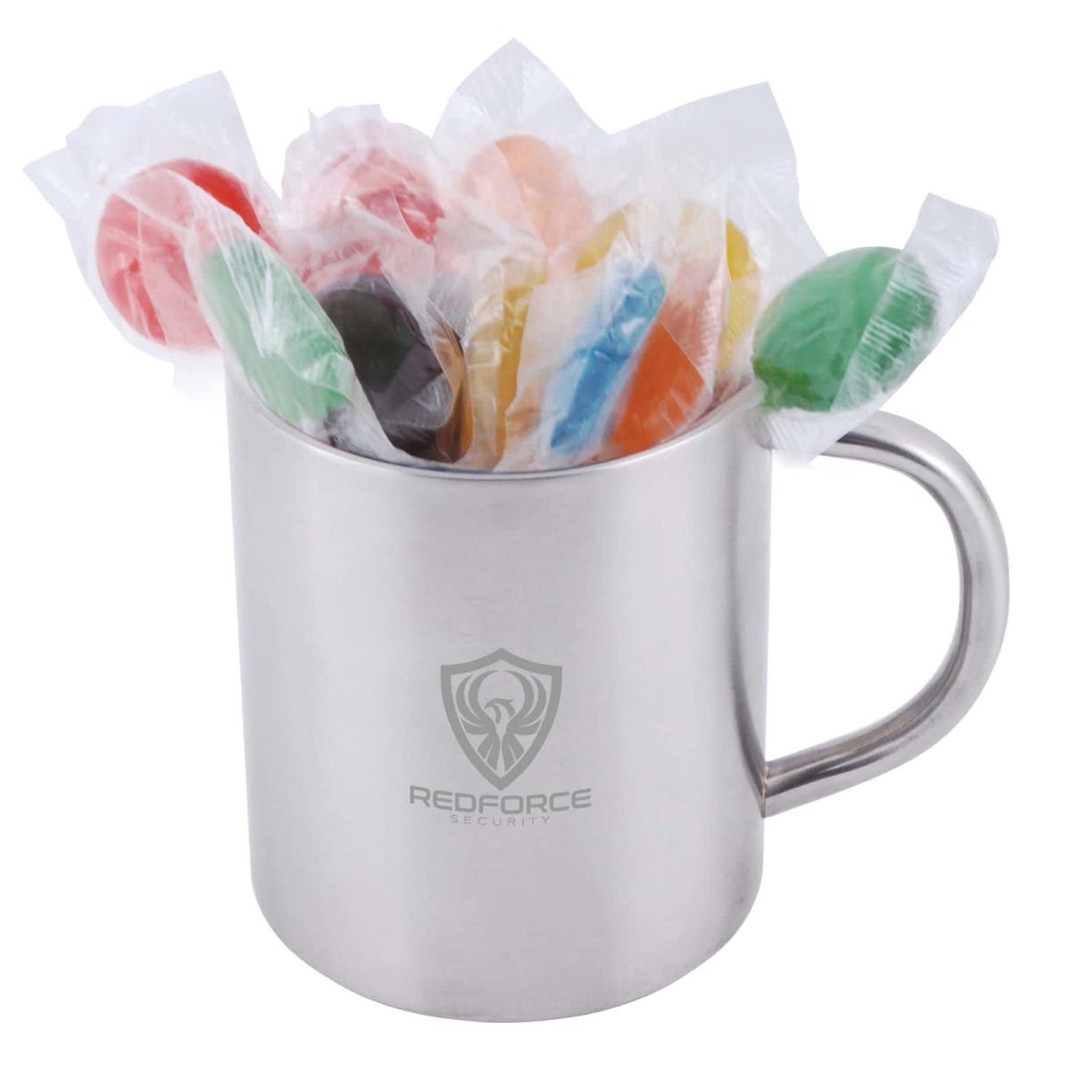 Silver mug filled with assorted wrapped lollipops, Redforce Security logo on the mug.