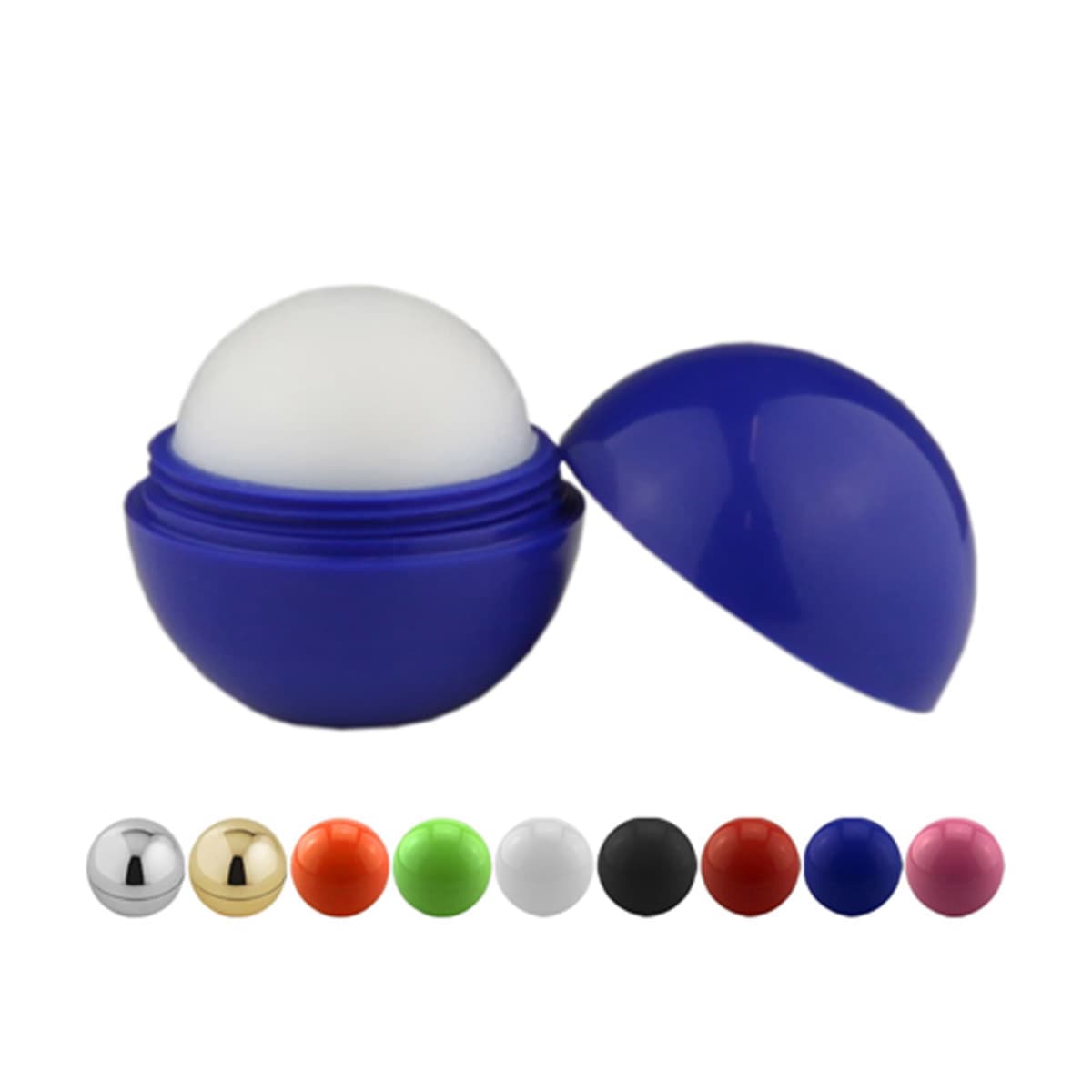 An open blue Pod Lip Balm Balls with colorful Lip Balm Balls lined up below.