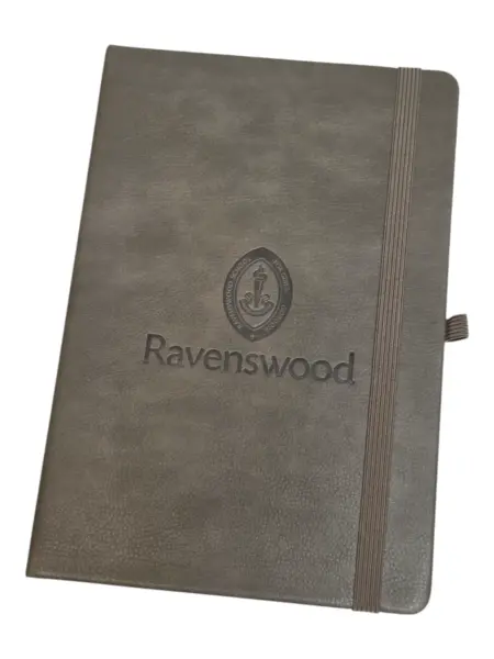Grey leather notebooks with Ravenswood logo