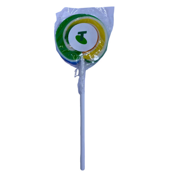 lollipop with a white label sticker printed with a logo