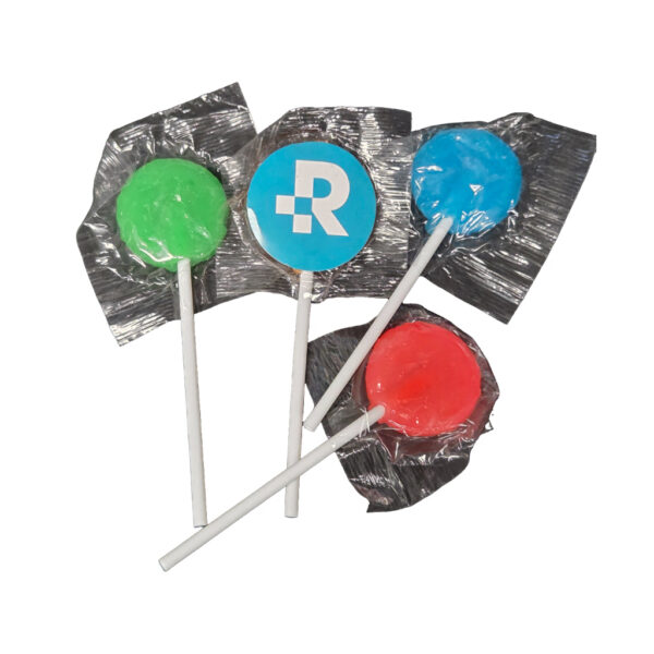 lollipops in blue, red, and green printed with logo at the centre