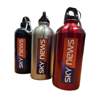 red, grey, and black meta bottles with black lid and Sky News logo
