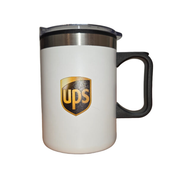 White mug with a black handle, UPS logo, and lig