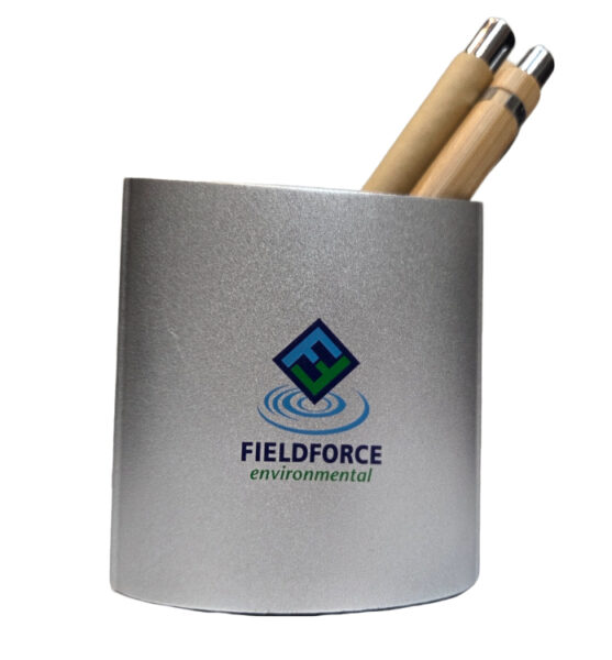 Silver pen holder with FieldForce Environmental logo, perfect for personalised mugs and pens.