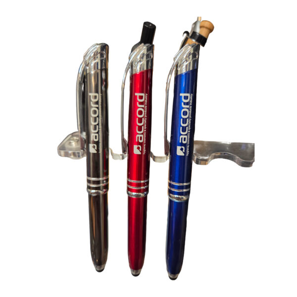 grey, red. and blue pens with logo printed on them