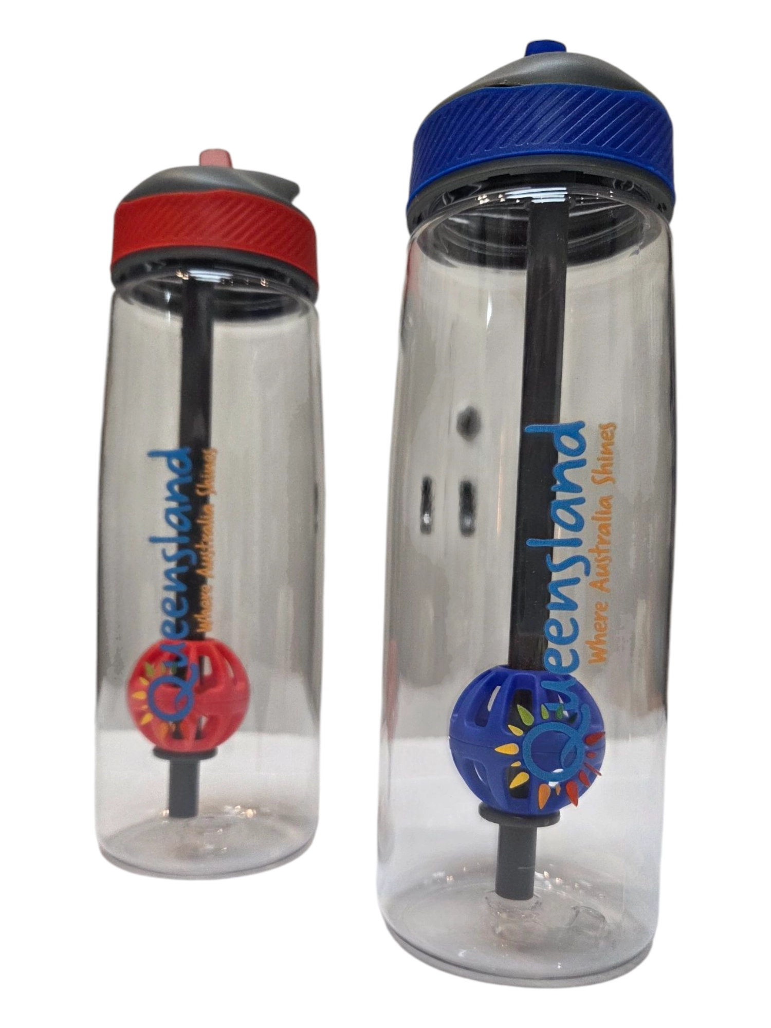 Two clear water bottles with colored lids—perfect corporate gifts labeled Queensland in blue.