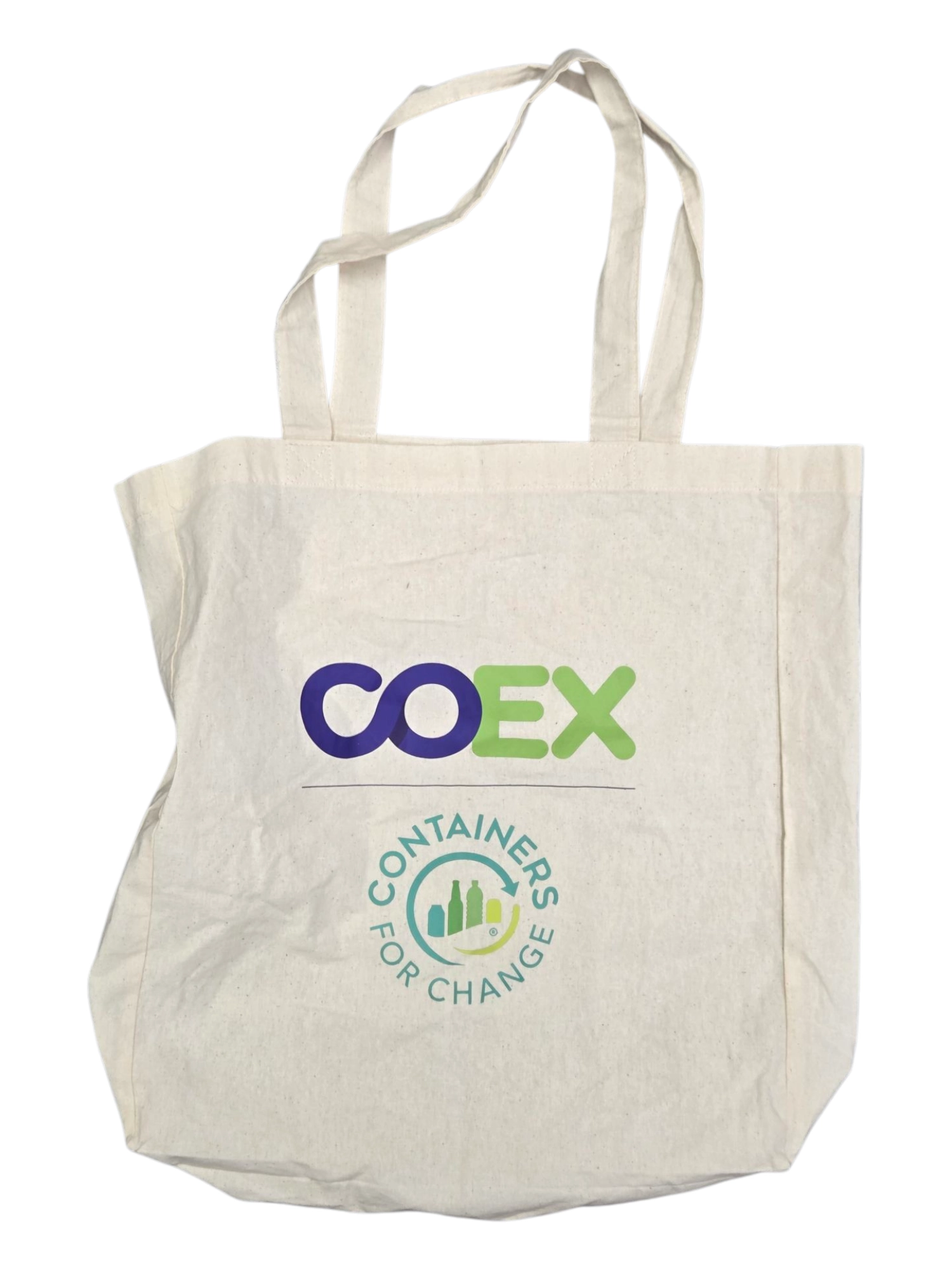 Beige cotton tote bag with COEX and Containers for Change logos printed on the front.