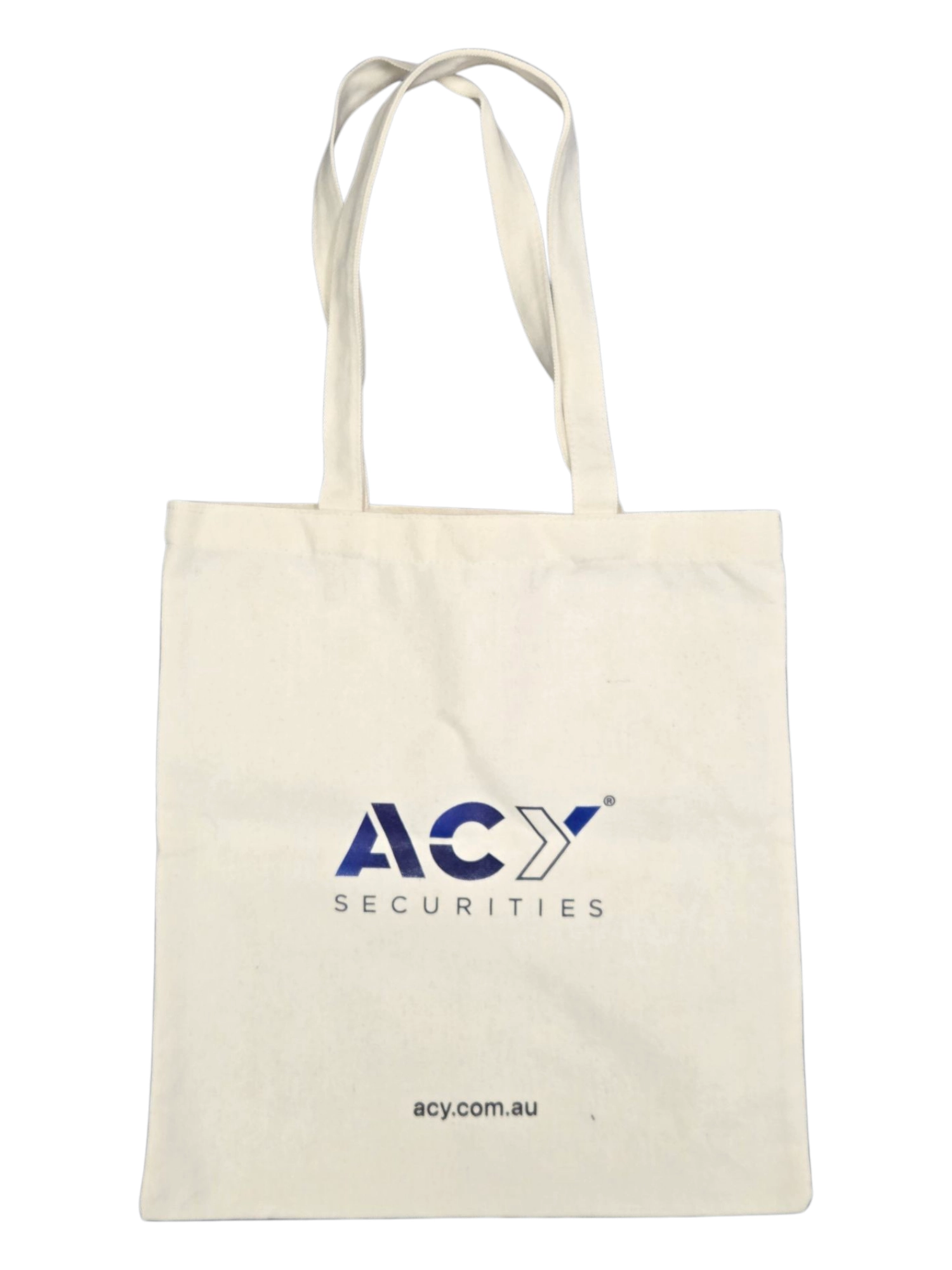 Beige cotton tote bag with ACY SECURITIES and acy.com.au printed in blue on the front.