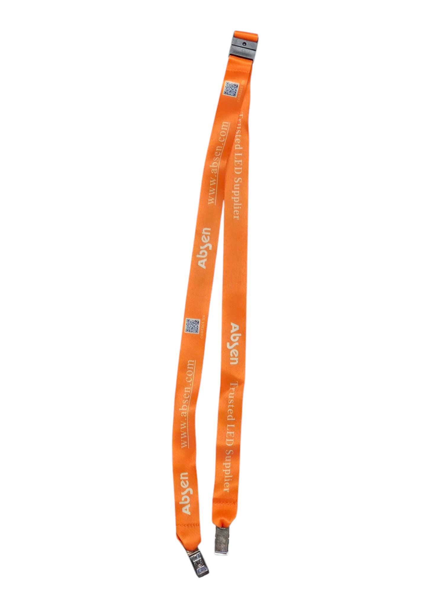 An orange lanyard with white text, QR codes, and custom golf umbrellas transfer printing.