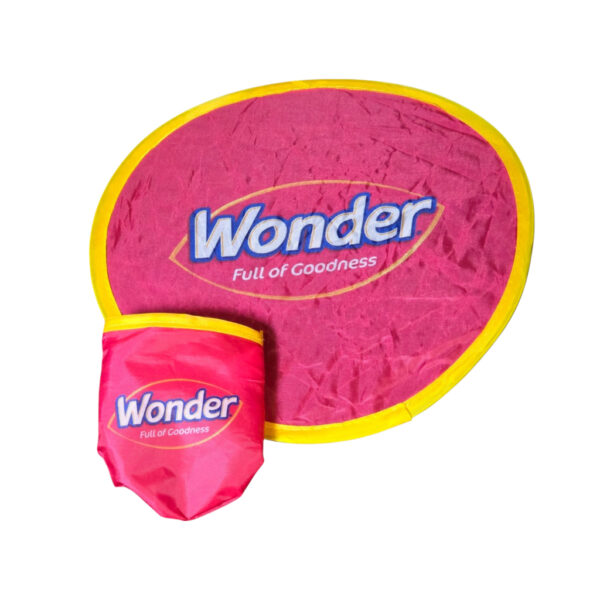 pink fan with yellow edges and the wonder logo