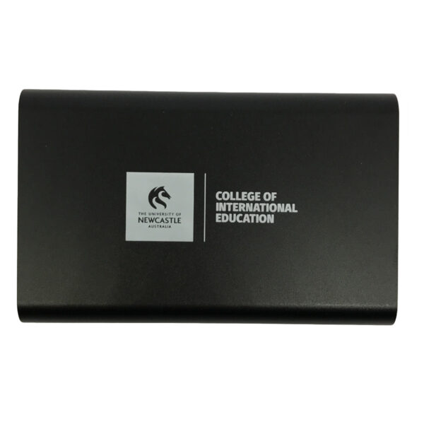 black powerbank printed with CIE and Universty of Newcastle logo