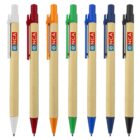 Seven pens with brown barrels and assorted colored clips and tips, branded with eNCA logo.
