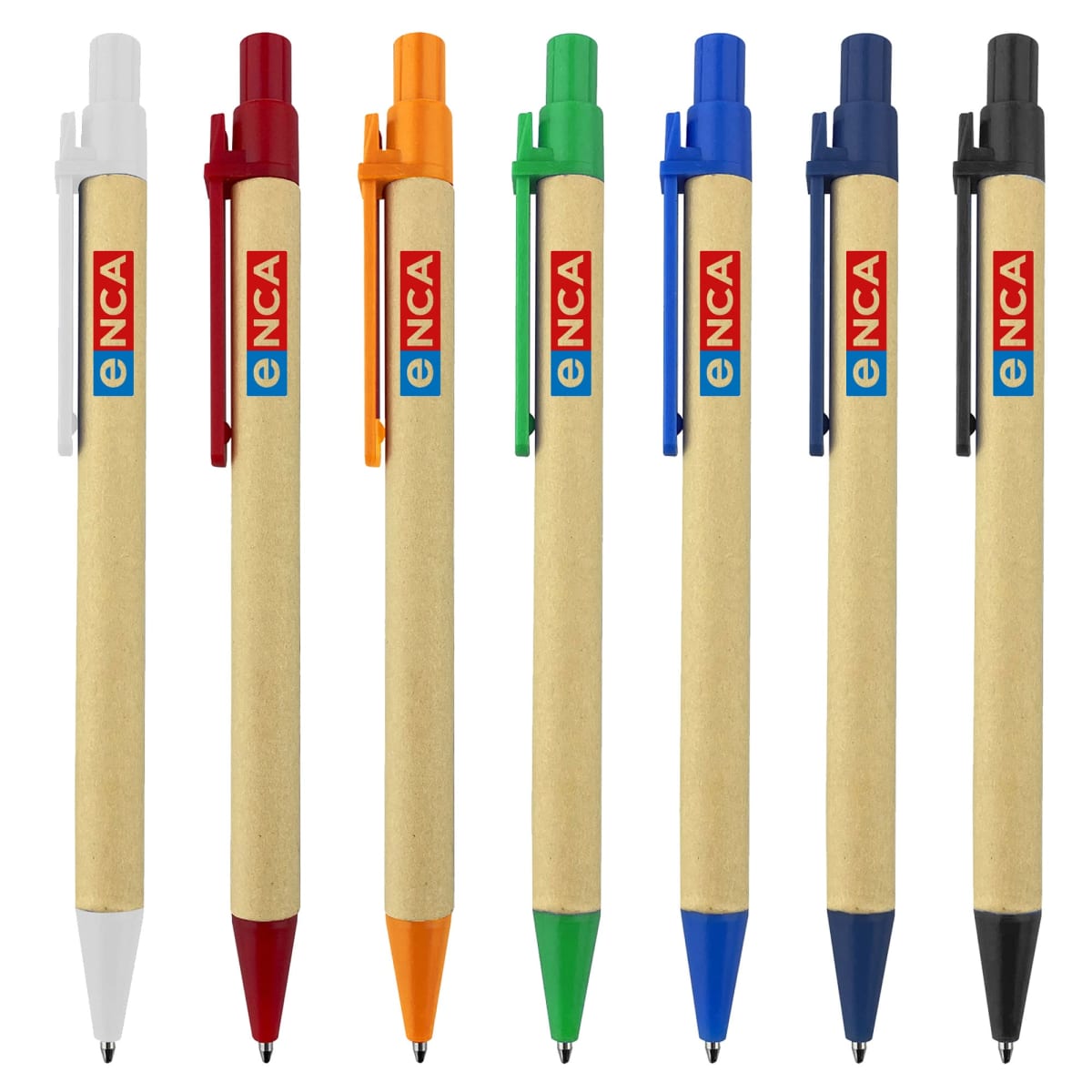 Seven pens with brown barrels and assorted colored clips and tips, branded with eNCA logo.