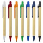 Seven ballpoint pens with brown barrels and clips in different colors, arranged in a row.