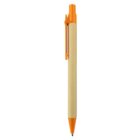 A pen with an orange clip, top, and tip, and a beige barrel, shown on a white background.