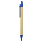 A blue and brown retractable ballpoint pen on a white background.