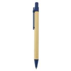 A retractable ballpoint pen with a blue clip and tip and a brown paper barrel.