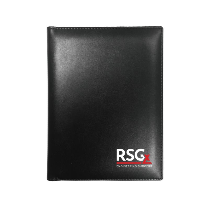 Black leather folder—ideal for notebooks for business—with RSGx ENGINEERING SUCCESS logo.