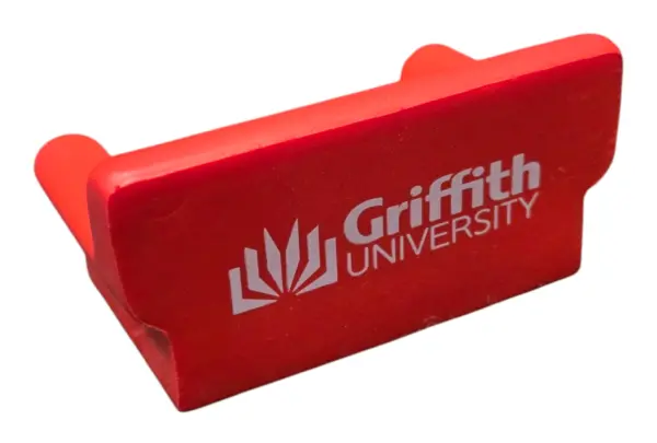 Red novelty shaped stress ball with griffith logo