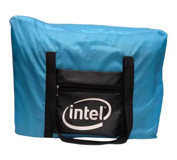 Blue sports duffle bag with Intel logo