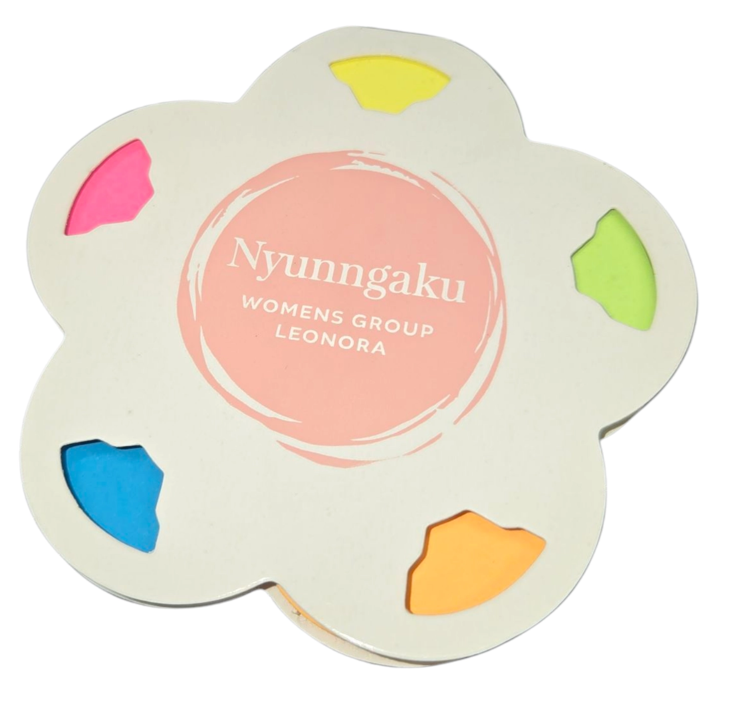 Flower-shaped notepad with creative ideas, colorful sticky notes, and Nyunngaku label.