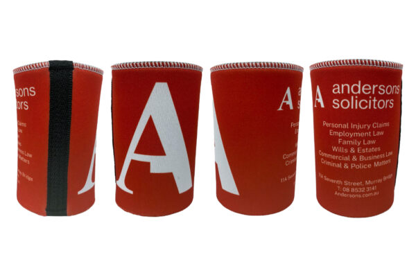 four red stubby coolers with company logo